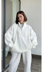 Beyaz Yarım Fermuarlı Sweatshirt