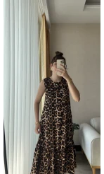 Bisiklet Yaka Leoparlı Elbise