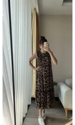 Bisiklet Yaka Leoparlı Elbise