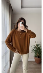 Bisiklet Yaka Pamuk Kumaş Sweatshirt Tarçın Rengi