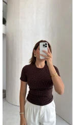 Bisiklet Yaka Taşlı T-shirt - Kahve - Kod: 1598