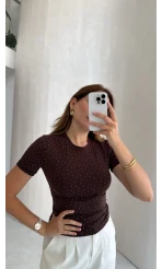 Bisiklet Yaka Taşlı T-shirt - Kahve - Kod: 1598