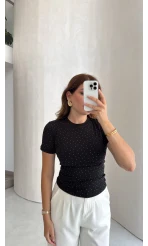 Bisiklet Yaka Taşlı T-shirt - Siyah - Kod: 1598
