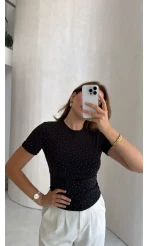 Bisiklet Yaka Taşlı T-shirt - Siyah - Kod: 1598