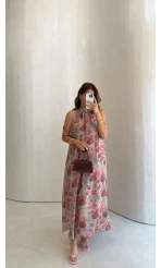 Bliss Çiçek Desenli Yaka Bağcıklı Elbise - Kod: 3481