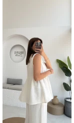 V Yaka Bağcıklı Bluz-1012-Ekru