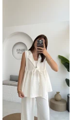 V Yaka Bağcıklı Bluz-1012-Ekru