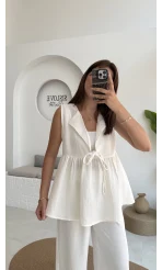 V Yaka Bağcıklı Bluz-1012-Ekru