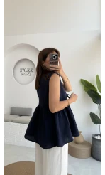 V Yaka Bağcıklı Bluz-1012-Lacivert