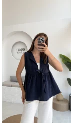 V Yaka Bağcıklı Bluz-1012-Lacivert