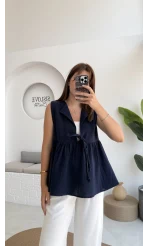 V Yaka Bağcıklı Bluz-1012-Lacivert