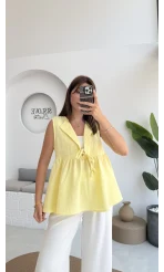 V Yaka Bağcıklı Bluz-1012-Sarı