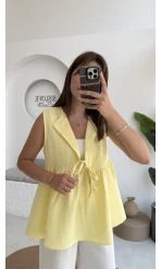 V Yaka Bağcıklı Bluz-1012-Sarı