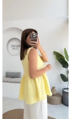V Yaka Bağcıklı Bluz-1012-Sarı