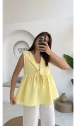 V Yaka Bağcıklı Bluz-1012-Sarı