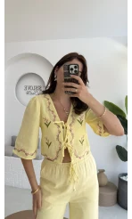 Bodrum Bluz Müslin Kumaş Nakış Detay - Sarı