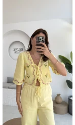 Bodrum Bluz Müslin Kumaş Nakış Detay - Sarı