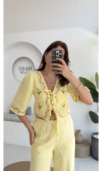 Bodrum Bluz Müslin Kumaş Nakış Detay - Sarı