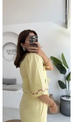 Bodrum Bluz Müslin Kumaş Nakış Detay - Sarı