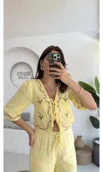 Bodrum Bluz Müslin Kumaş Nakış Detay - Sarı