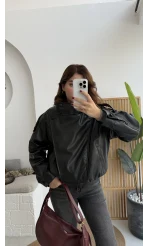 Yüksek Yakalı Deri Ceket - Siyah - Kod: 36797