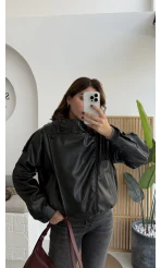 Yüksek Yakalı Deri Ceket - Siyah - Kod: 36797