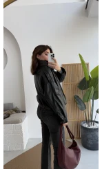 Yüksek Yakalı Deri Ceket - Siyah - Kod: 36797