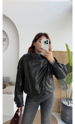 Yüksek Yakalı Deri Ceket - Siyah - Kod: 36797