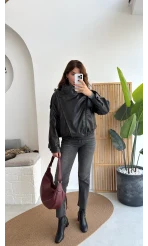 Yüksek Yakalı Deri Ceket - Siyah - Kod: 36797