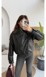 Yüksek Yakalı Deri Ceket - Siyah - Kod: 36797