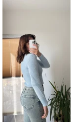 Boğazlı Yumoş Mavi Düz Kazak