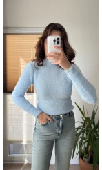 Boğazlı Yumoş Mavi Düz Kazak