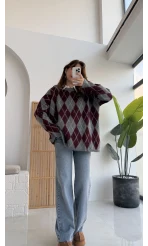 Bol Kesim Bisiklet Yaka Baklava Kazak - Antrasit-Bordo