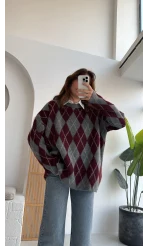 Bol Kesim Bisiklet Yaka Baklava Kazak - Antrasit-Bordo