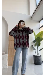 Bol Kesim Bisiklet Yaka Baklava Kazak - Antrasit-Bordo