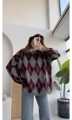 Bol Kesim Bisiklet Yaka Baklava Kazak - Antrasit-Bordo