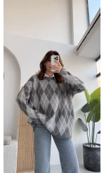 Bol Kesim Bisiklet Yaka Baklava Kazak - Gri-Antrasit