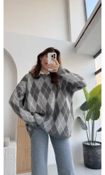 Bol Kesim Bisiklet Yaka Baklava Kazak - Gri-Antrasit