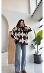 Bol Kesim Bisiklet Yaka Baklava Kazak - Kahve-Ekru