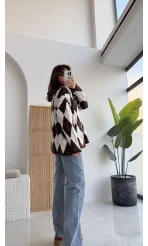 Bol Kesim Bisiklet Yaka Baklava Kazak - Kahve-Ekru