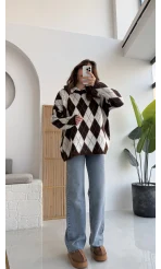 Bol Kesim Bisiklet Yaka Baklava Kazak - Kahve-Ekru