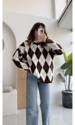 Bol Kesim Bisiklet Yaka Baklava Kazak - Kahve-Ekru