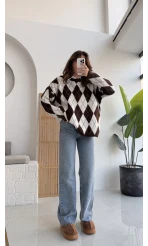 Bol Kesim Bisiklet Yaka Baklava Kazak - Kahve-Ekru