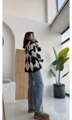 Bol Kesim Bisiklet Yaka Baklava Kazak - Lacivert-Ekru