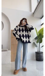 Bol Kesim Bisiklet Yaka Baklava Kazak - Lacivert-Ekru