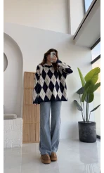 Bol Kesim Bisiklet Yaka Baklava Kazak - Lacivert-Ekru