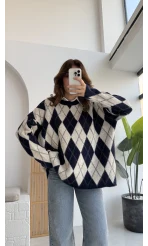 Bol Kesim Bisiklet Yaka Baklava Kazak - Lacivert-Ekru