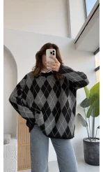 Bol Kesim Bisiklet Yaka Baklava Kazak - Siyah-Antrasit