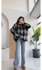 Bol Kesim Bisiklet Yaka Baklava Kazak - Siyah-Antrasit