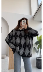 Bol Kesim Bisiklet Yaka Baklava Kazak - Siyah-Antrasit